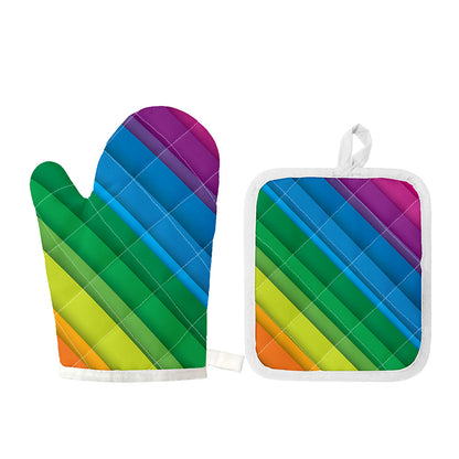 Rainbow Diagonal Lines Pattern Print Oven Mitt And Pot Holder Set