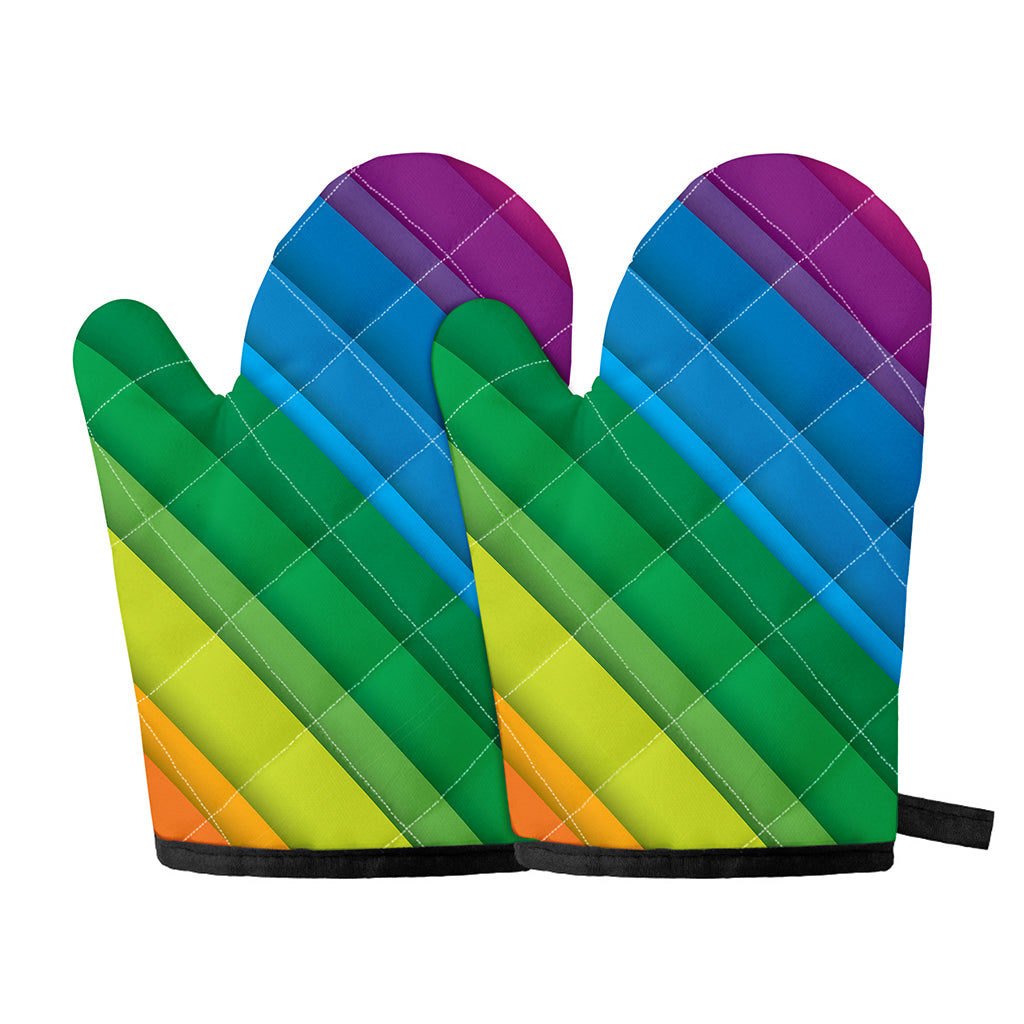 Rainbow Diagonal Lines Pattern Print Oven Mitts
