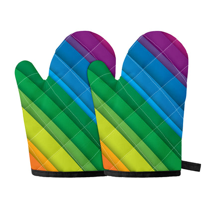 Rainbow Diagonal Lines Pattern Print Oven Mitts