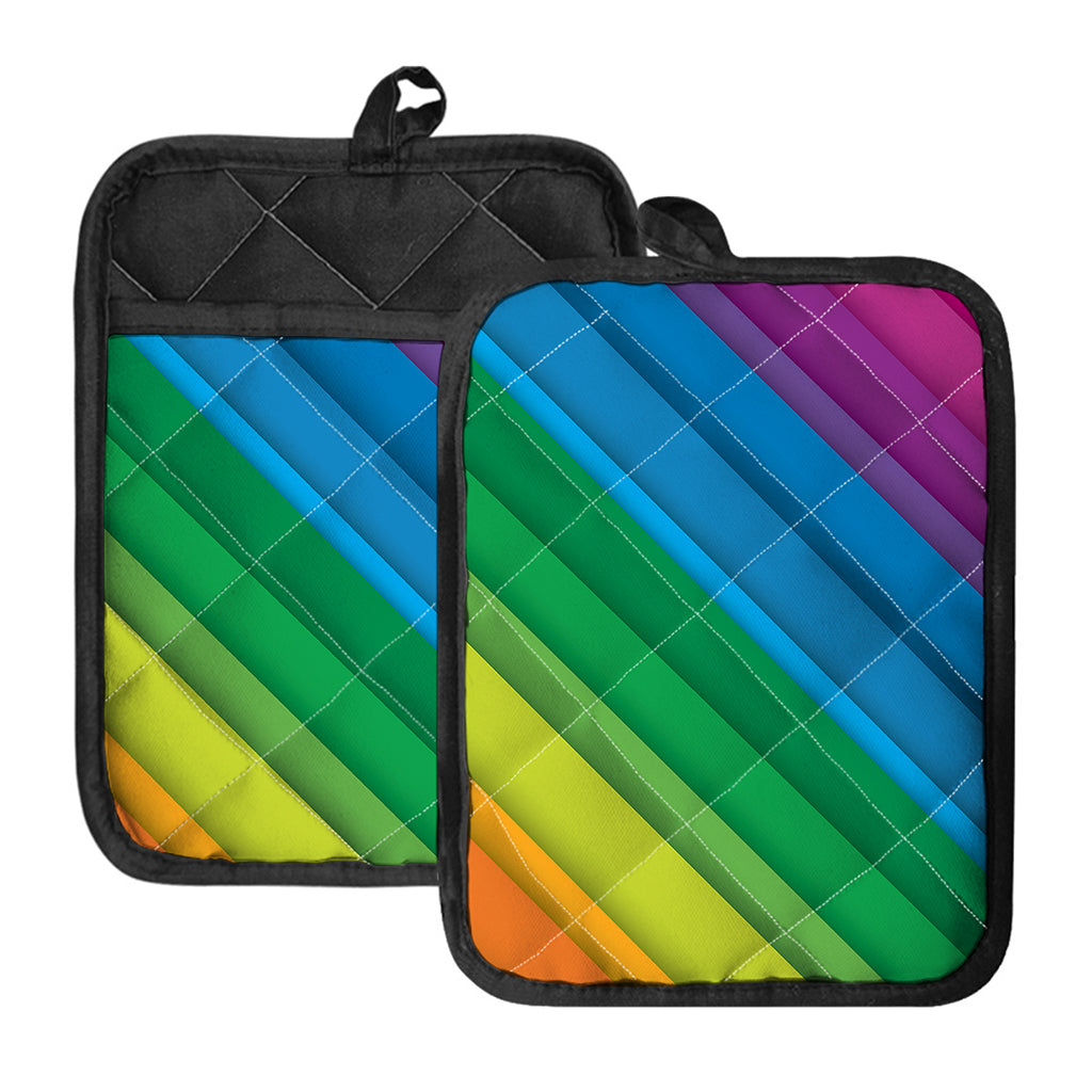 Rainbow Diagonal Lines Pattern Print Pot Holders With Pocket