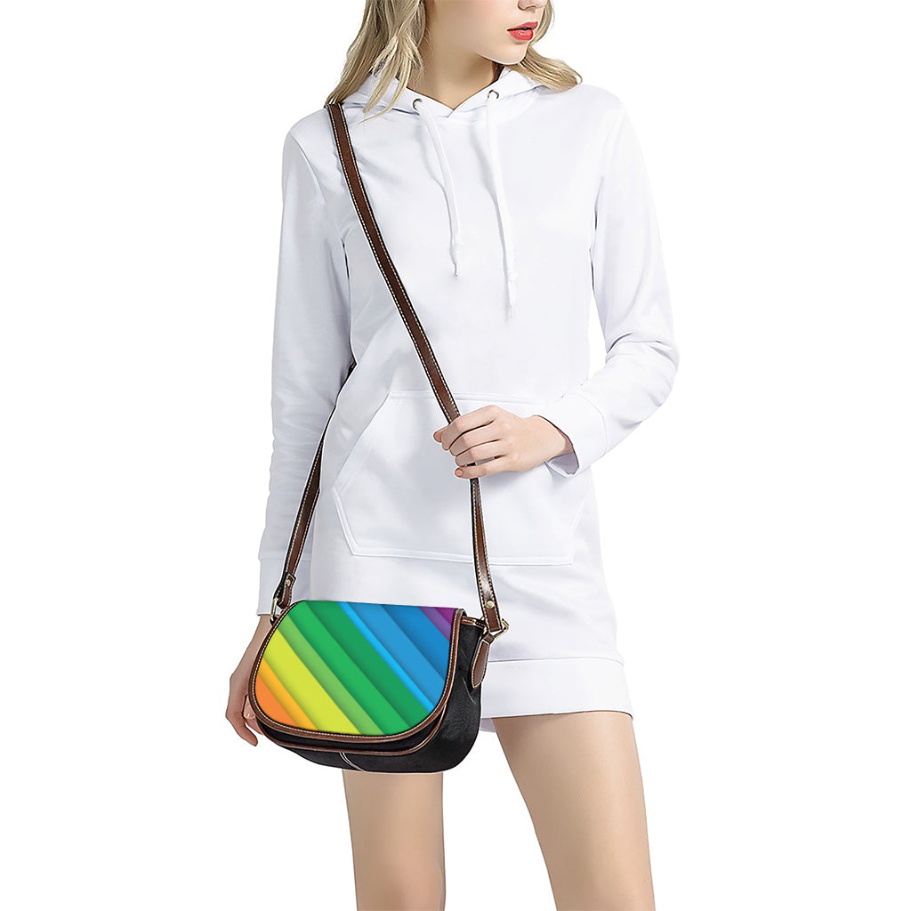 Rainbow Diagonal Lines Pattern Print Saddle Bag