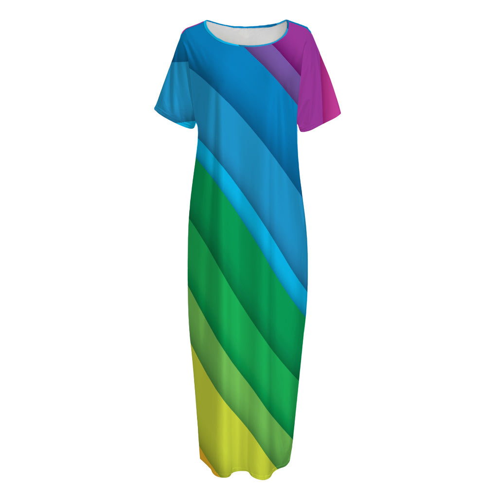 Rainbow Diagonal Lines Pattern Print Short Sleeve Long Nightdress