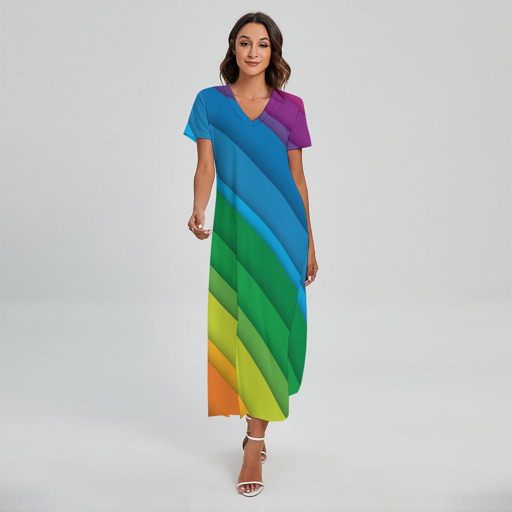 Rainbow Diagonal Lines Pattern Print Short Sleeve Maxi Dress