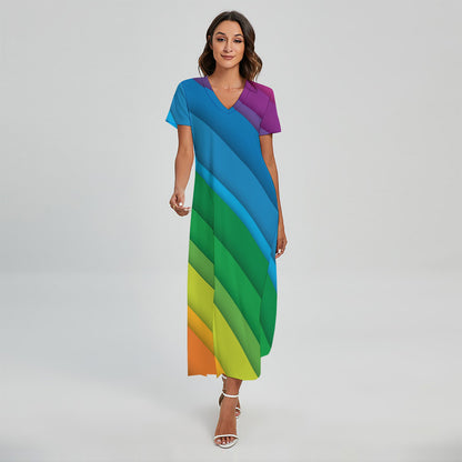Rainbow Diagonal Lines Pattern Print Short Sleeve Maxi Dress