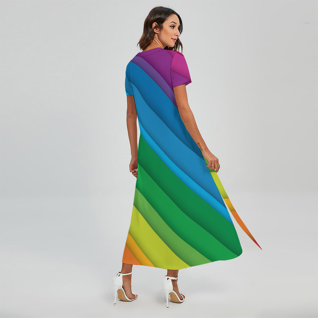 Rainbow Diagonal Lines Pattern Print Short Sleeve Maxi Dress