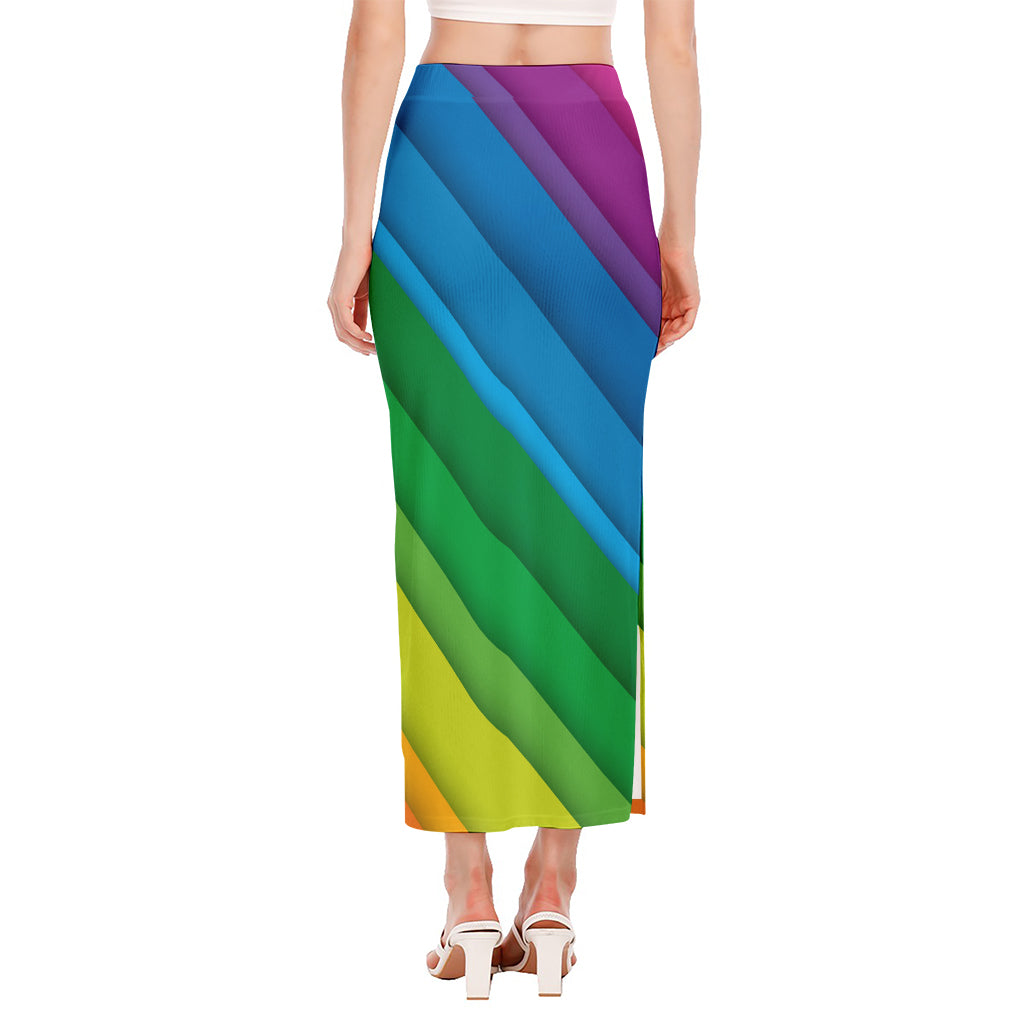 Rainbow Diagonal Lines Pattern Print Side Slit Maxi Skirt