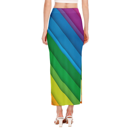 Rainbow Diagonal Lines Pattern Print Side Slit Maxi Skirt