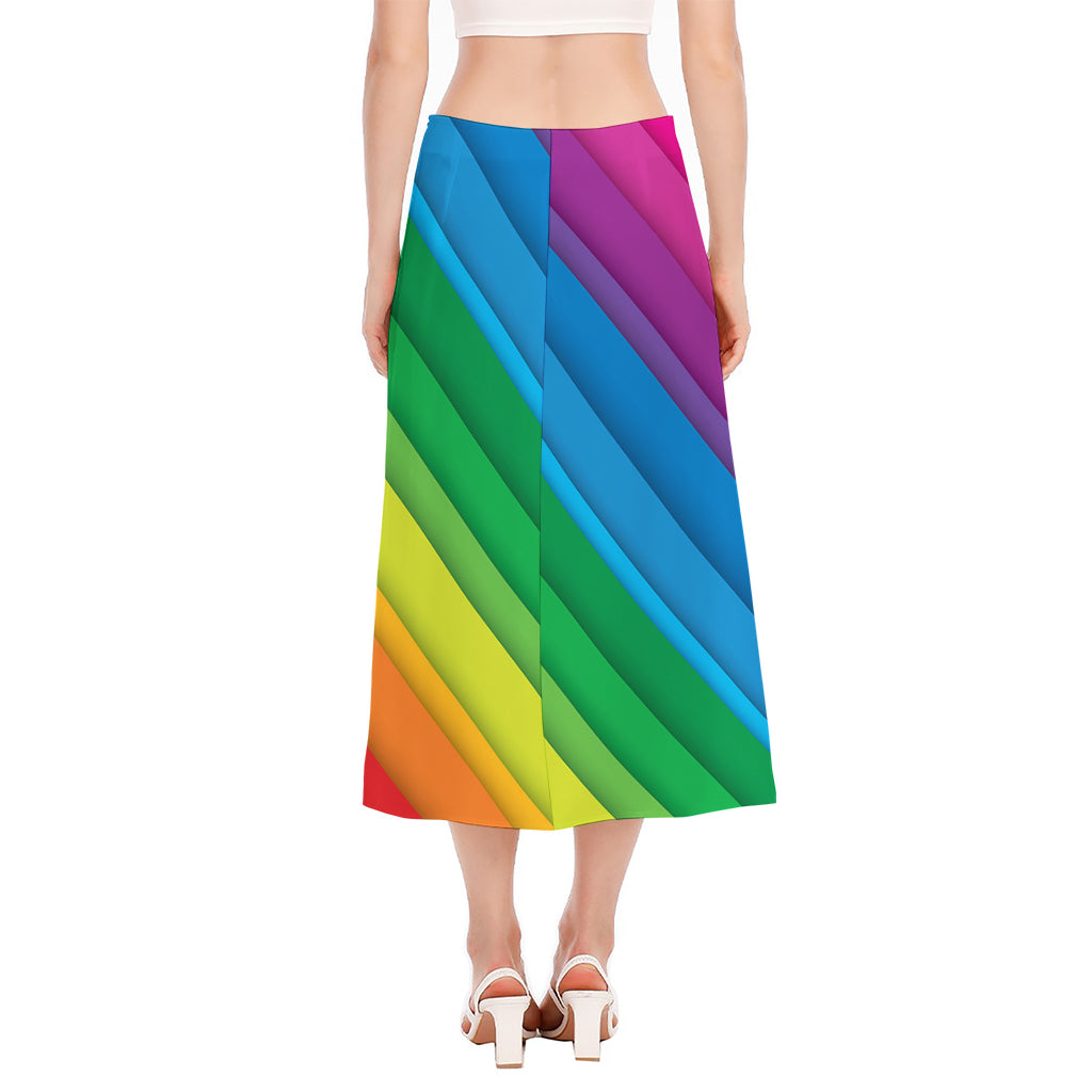 Rainbow Diagonal Lines Pattern Print Side Slit Midi Skirt