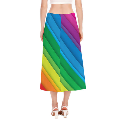 Rainbow Diagonal Lines Pattern Print Side Slit Midi Skirt