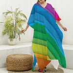 Rainbow Diagonal Lines Pattern Print Silk V-Neck Kaftan Dress