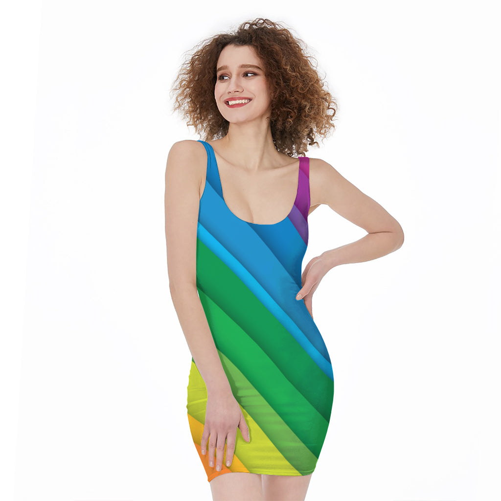 Rainbow Diagonal Lines Pattern Print Sleeveless Bodycon Dress