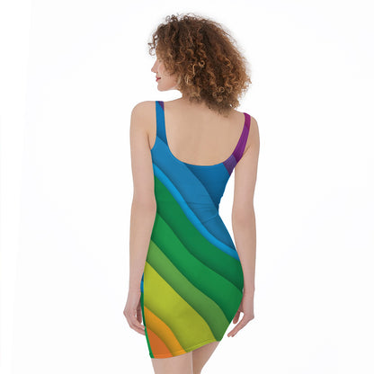 Rainbow Diagonal Lines Pattern Print Sleeveless Bodycon Dress