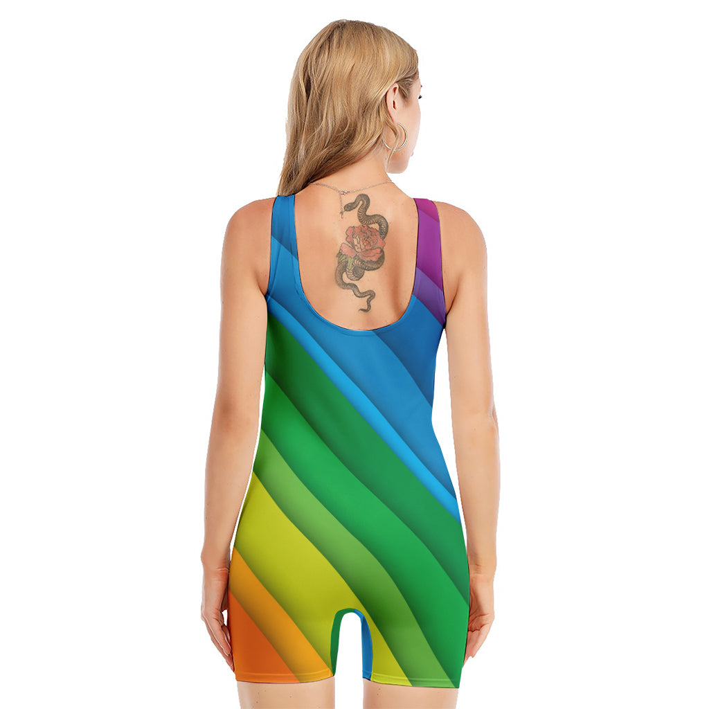 Rainbow Diagonal Lines Pattern Print Sleeveless One Piece Swimsuit