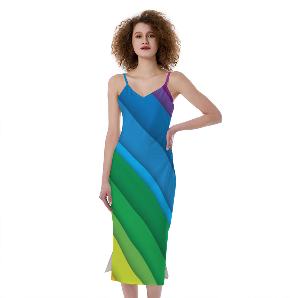 Rainbow Diagonal Lines Pattern Print Slim Fit Midi Cami Dress