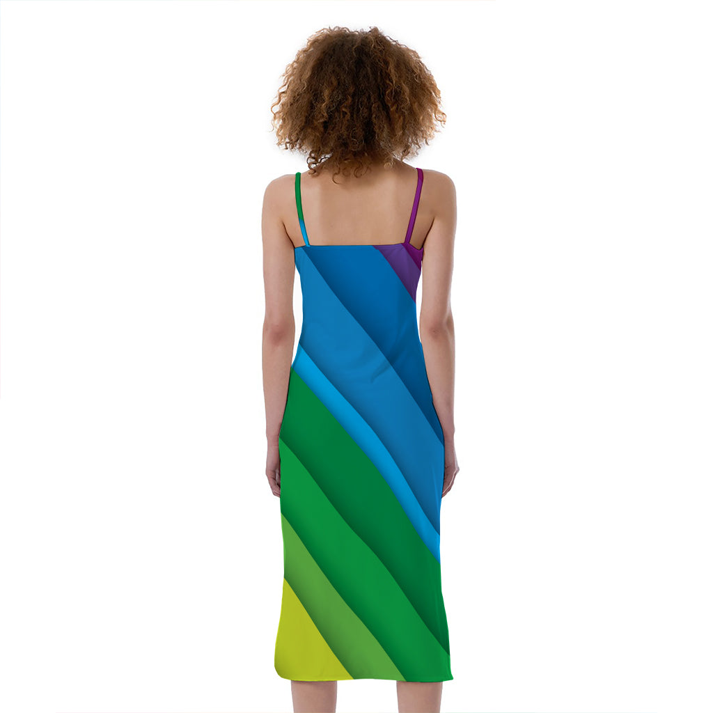 Rainbow Diagonal Lines Pattern Print Slim Fit Midi Cami Dress