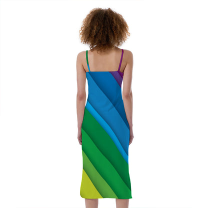 Rainbow Diagonal Lines Pattern Print Slim Fit Midi Cami Dress