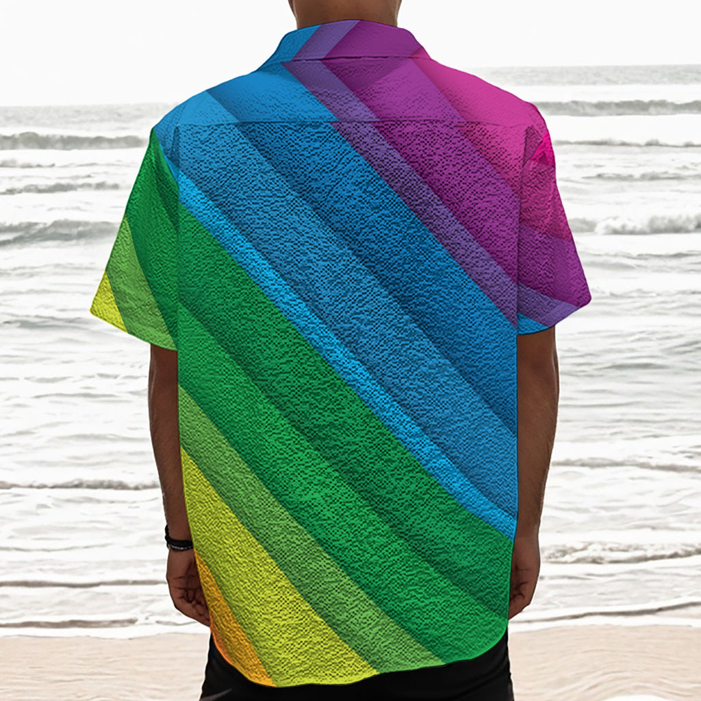 Rainbow Diagonal Lines Pattern Print Textured Short Sleeve Shirt