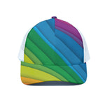 Rainbow Diagonal Lines Pattern Print White Mesh Trucker Cap