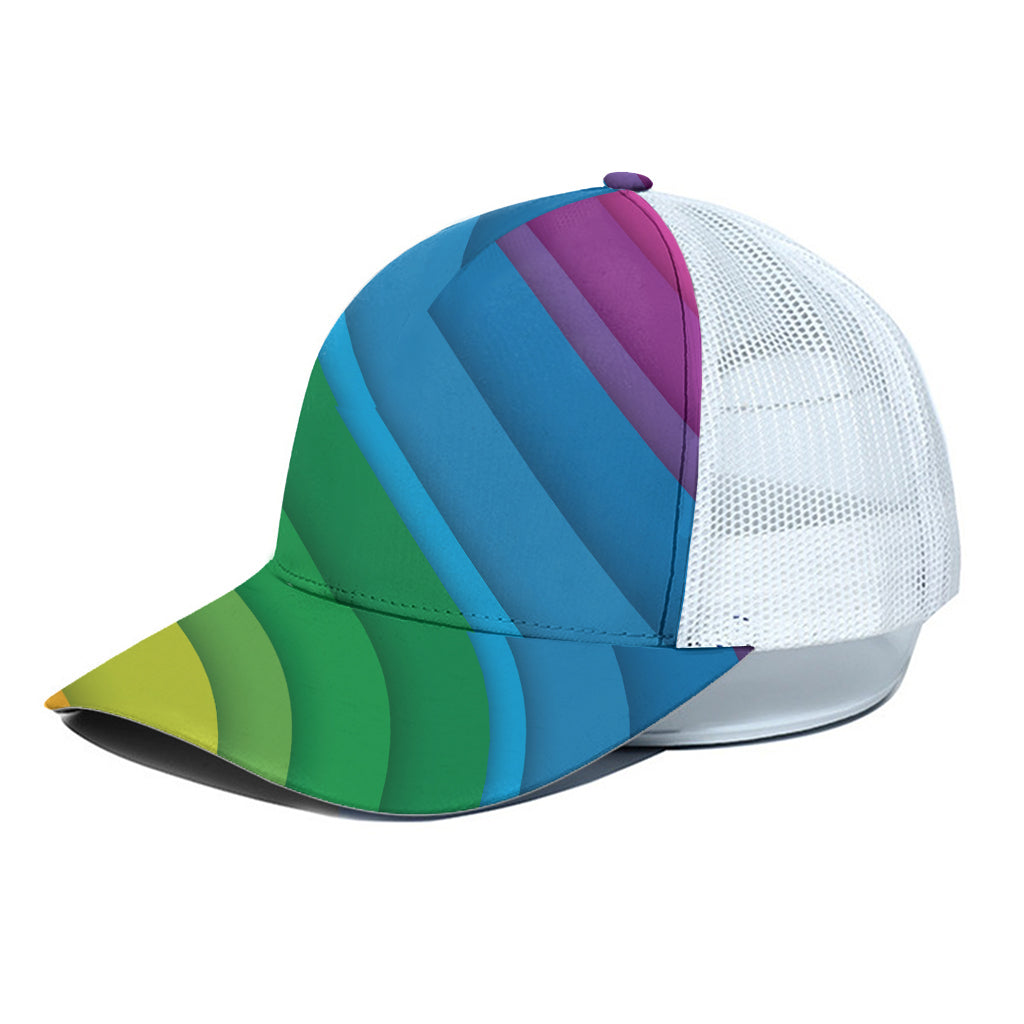 Rainbow Diagonal Lines Pattern Print White Mesh Trucker Cap