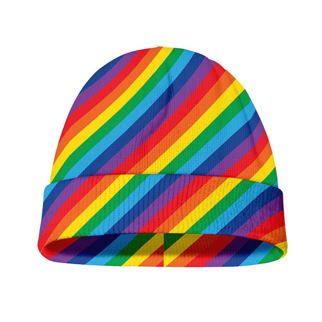 Rainbow Diagonal Striped Pattern Print Beanie
