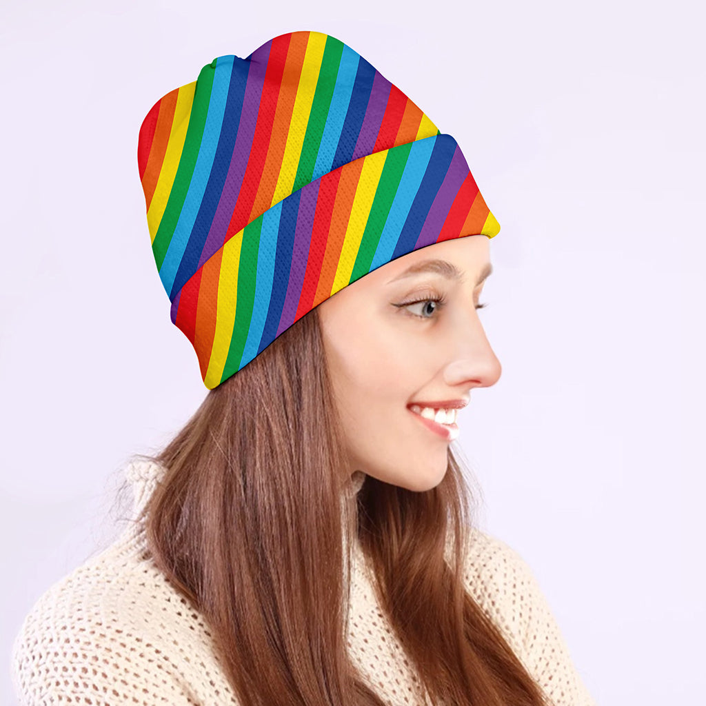 Rainbow Diagonal Striped Pattern Print Beanie