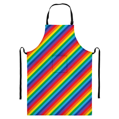Rainbow Diagonal Striped Pattern Print Bib Apron With Pocket