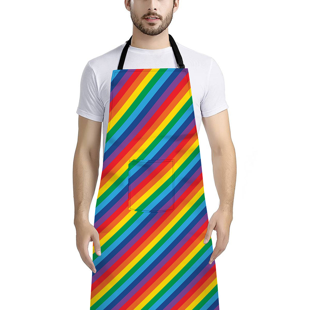 Rainbow Diagonal Striped Pattern Print Bib Apron With Pocket