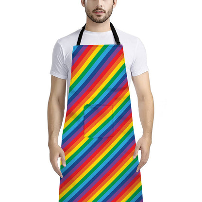 Rainbow Diagonal Striped Pattern Print Bib Apron With Pocket