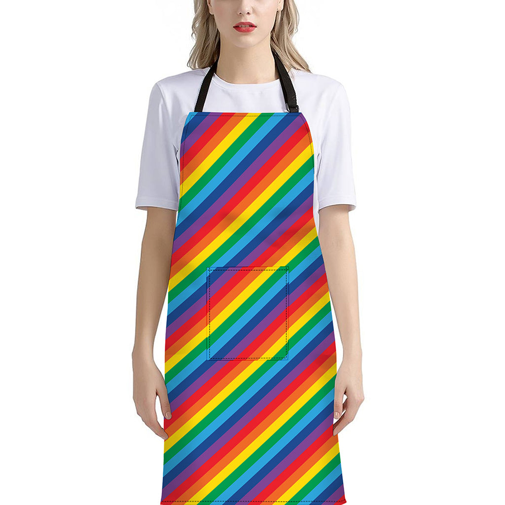 Rainbow Diagonal Striped Pattern Print Bib Apron With Pocket