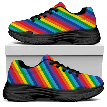 Rainbow Diagonal Striped Pattern Print Black Chunky Shoes