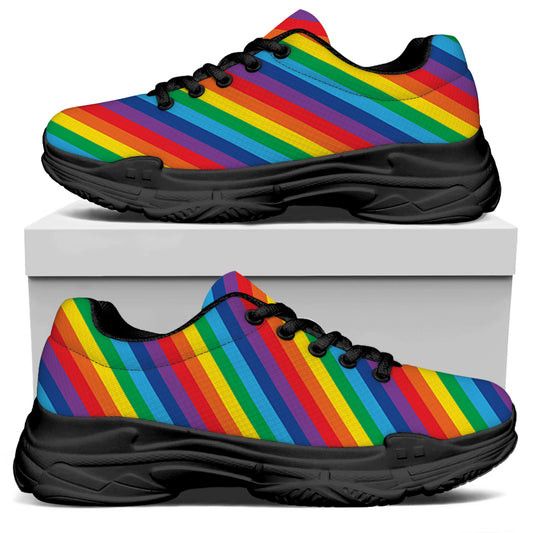 Rainbow Diagonal Striped Pattern Print Black Chunky Shoes