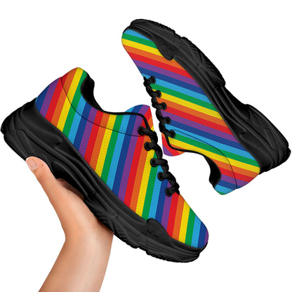 Rainbow Diagonal Striped Pattern Print Black Chunky Shoes