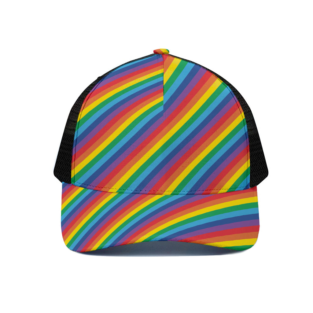 Rainbow Diagonal Striped Pattern Print Black Mesh Trucker Cap