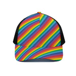 Rainbow Diagonal Striped Pattern Print Black Mesh Trucker Cap