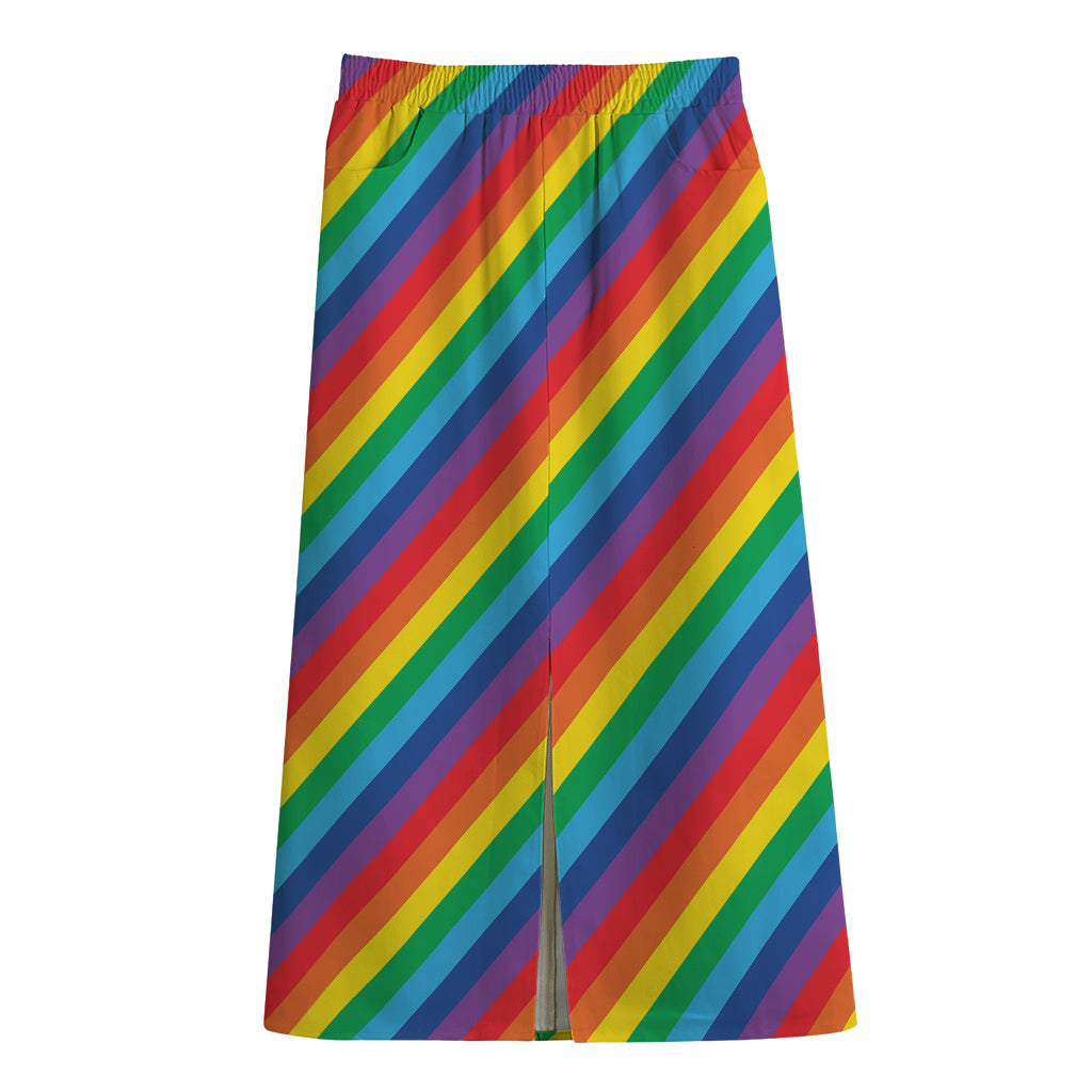 Rainbow Diagonal Striped Pattern Print Cotton Front Slit Maxi Skirt