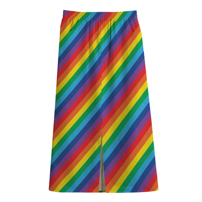 Rainbow Diagonal Striped Pattern Print Cotton Front Slit Maxi Skirt