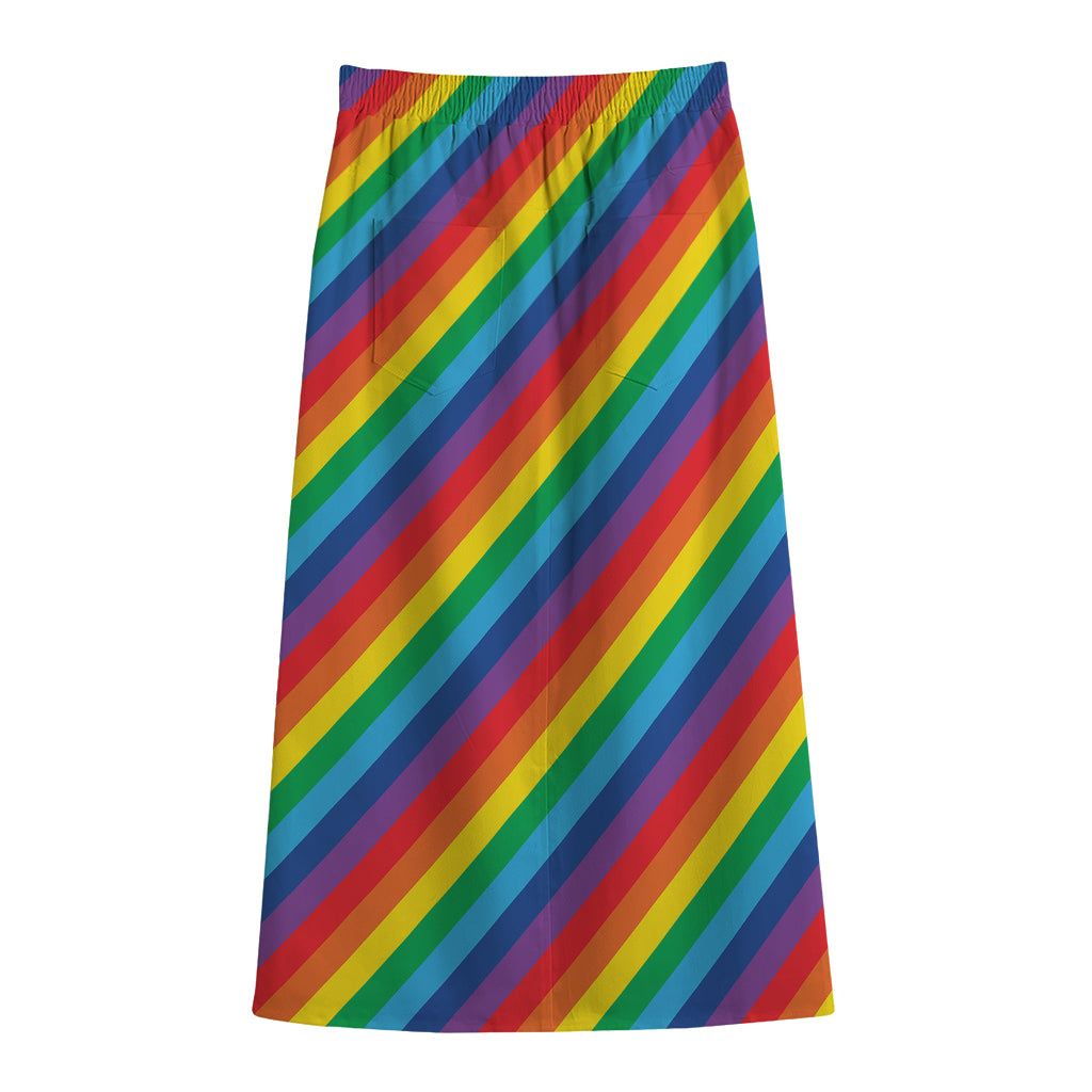 Rainbow Diagonal Striped Pattern Print Cotton Front Slit Maxi Skirt