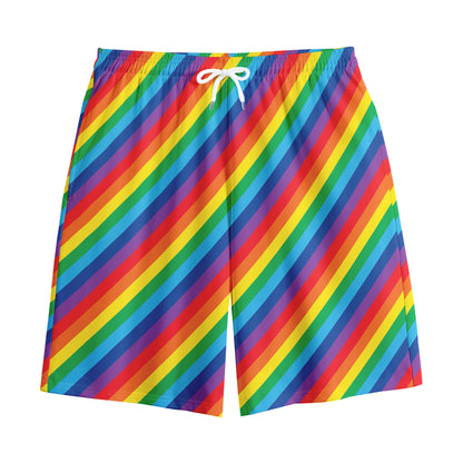 Rainbow Diagonal Striped Pattern Print Cotton Shorts
