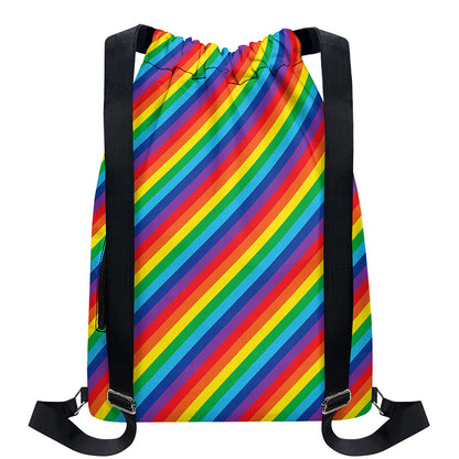 Rainbow Diagonal Striped Pattern Print Drawstring Backpack