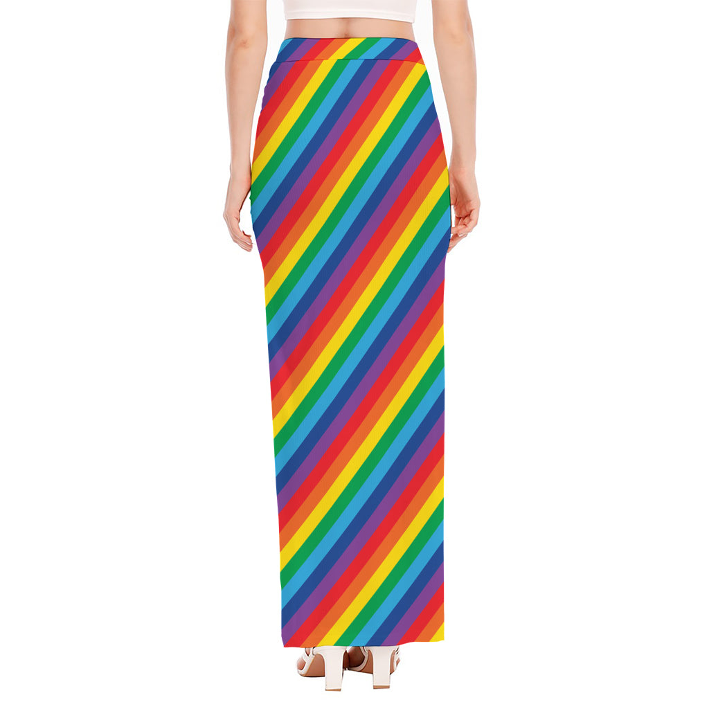Rainbow Diagonal Striped Pattern Print High Slit Maxi Skirt
