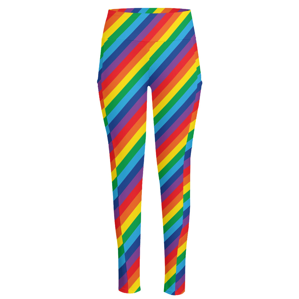 Rainbow Diagonal Striped Pattern Print High-Waisted Pocket Leggings