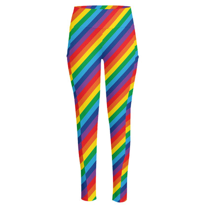 Rainbow Diagonal Striped Pattern Print High-Waisted Pocket Leggings