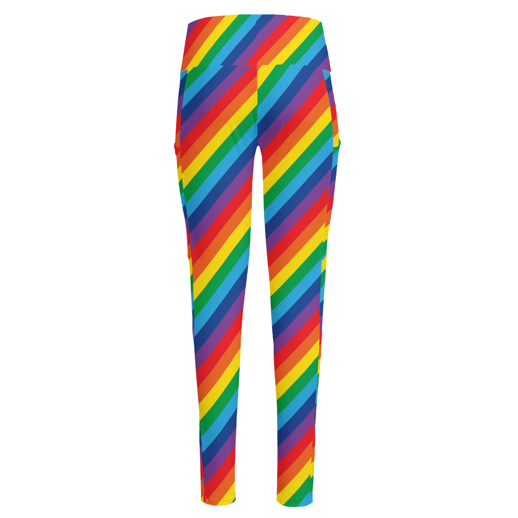 Rainbow Diagonal Striped Pattern Print High-Waisted Pocket Leggings