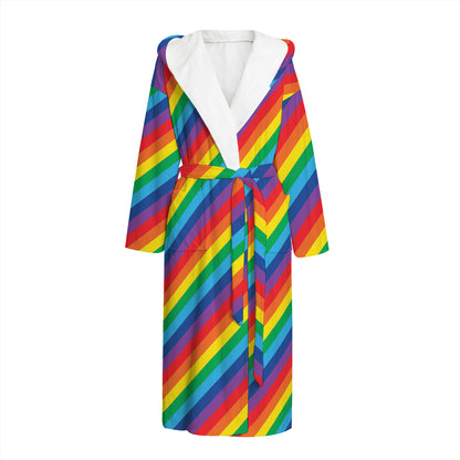 Rainbow Diagonal Striped Pattern Print Hooded Bathrobe