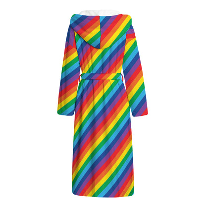 Rainbow Diagonal Striped Pattern Print Hooded Bathrobe
