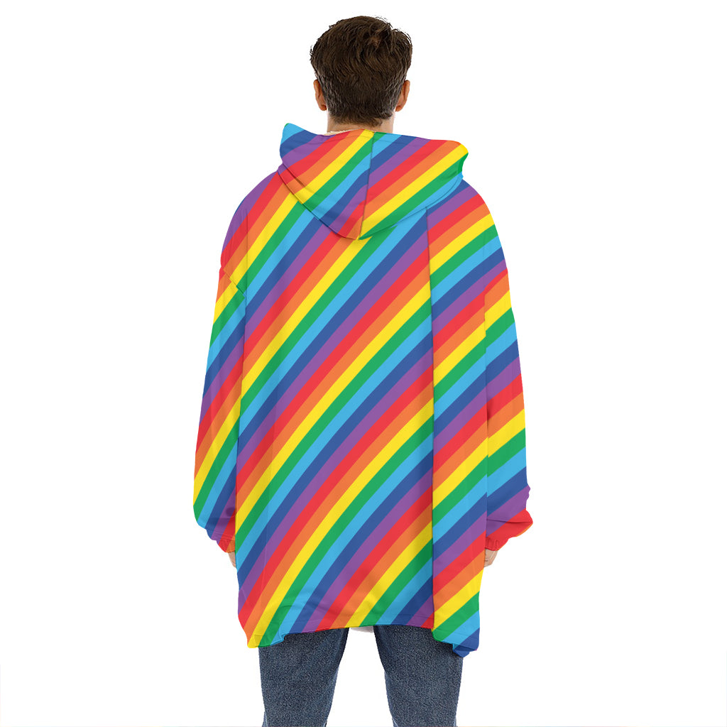 Rainbow Diagonal Striped Pattern Print Hoodie Blanket