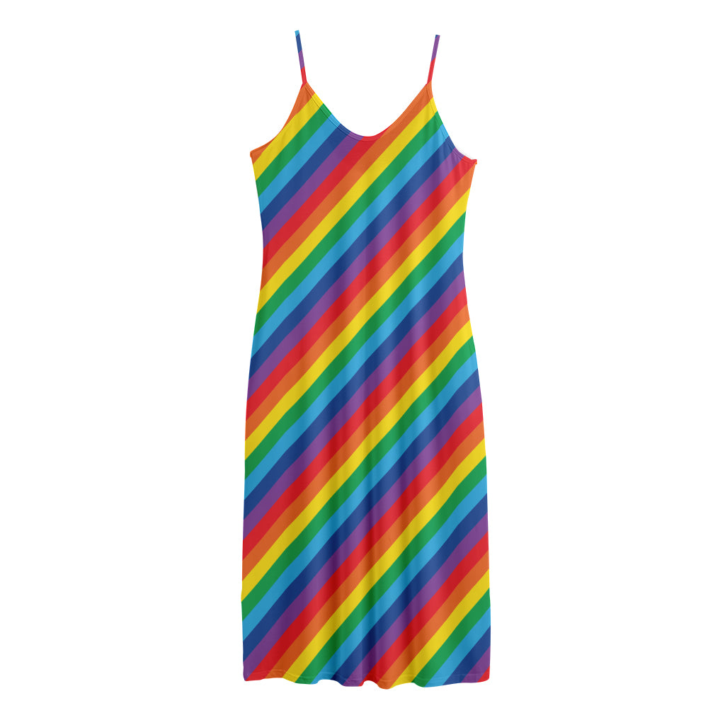 Rainbow Diagonal Striped Pattern Print Jersey Midi Cami Dress