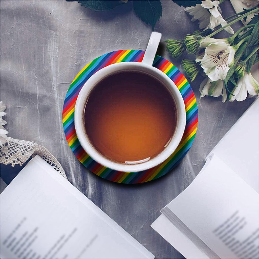Rainbow Diagonal Striped Pattern Print Leather Coaster Set
