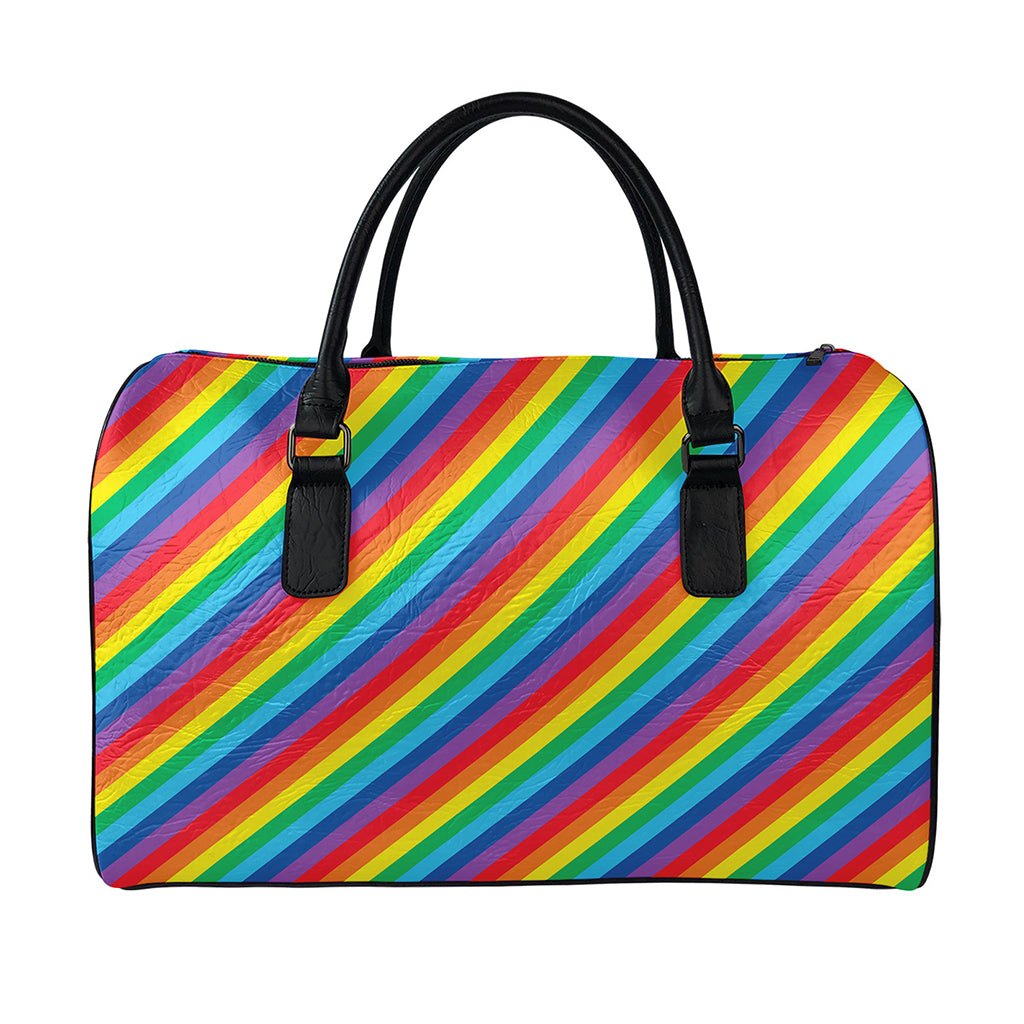 Rainbow Diagonal Striped Pattern Print Leather Duffle Bag