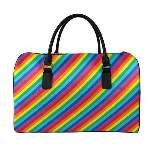 Rainbow Diagonal Striped Pattern Print Leather Duffle Bag